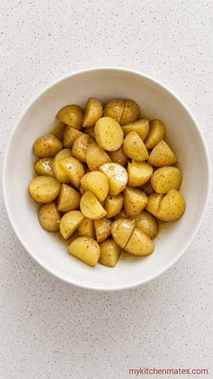Tangy No-Mayo Potato Salad Step 3: Dress the Warm Potatoes