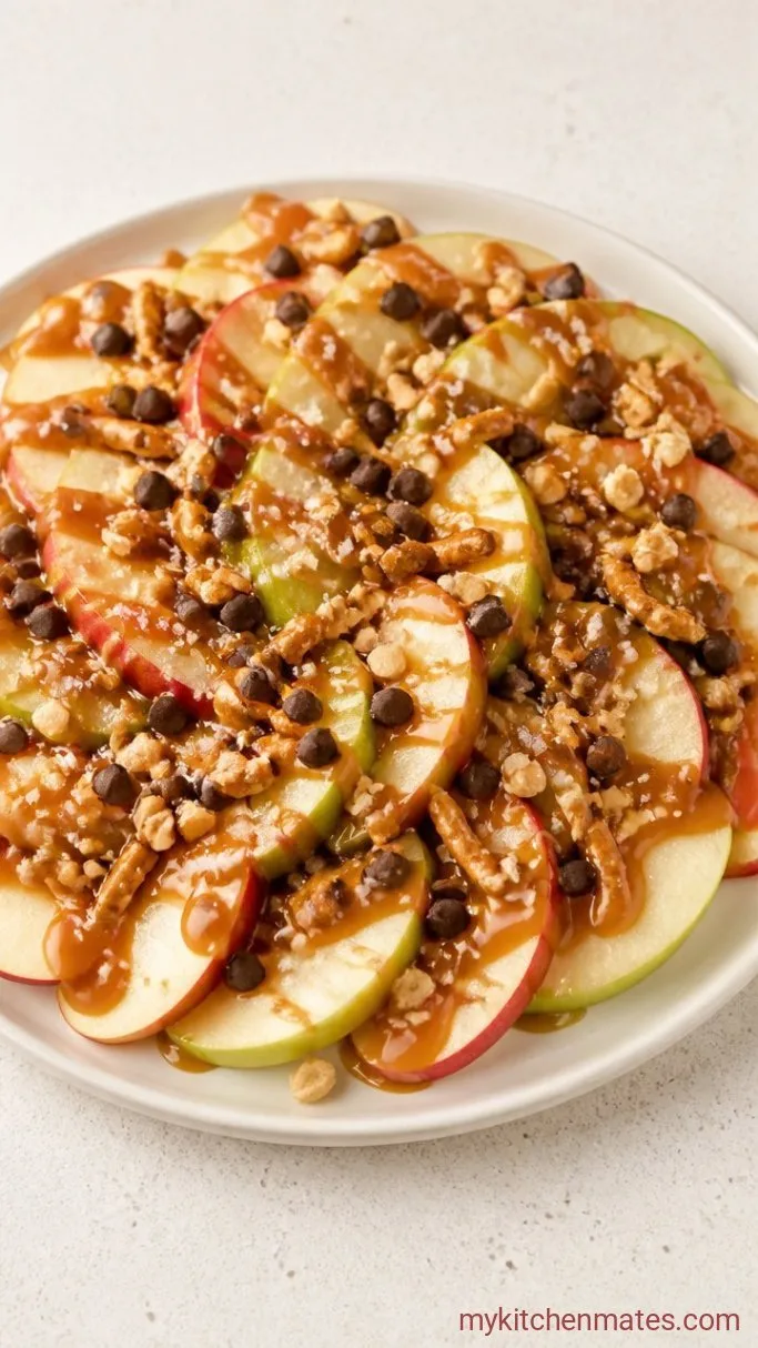 Easy 10-Minute Caramel Apple Nachos Step 3: Drizzle and Pile on the Toppings