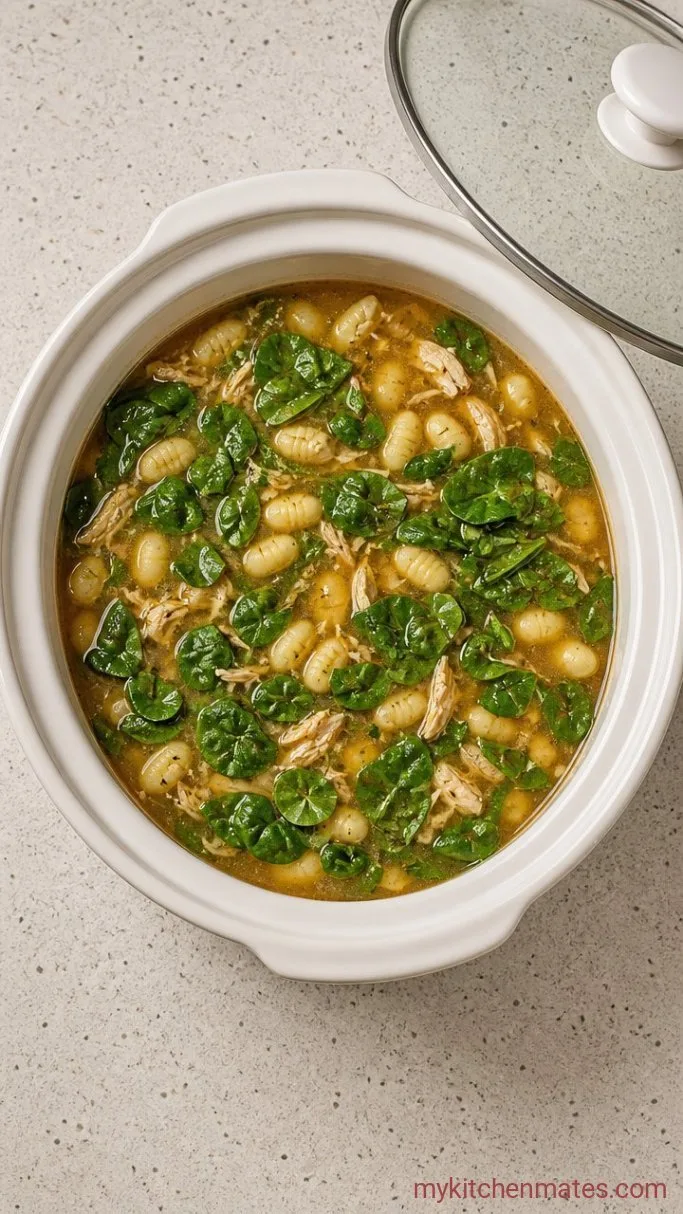 Creamy Crockpot Chicken Gnocchi Soup Step 3: Drop in the Gnocchi and Spinach