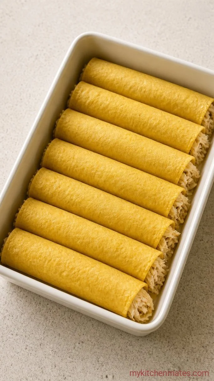 Creamy Green Chile Chicken Enchiladas Step 3: Fill and Roll the Enchiladas