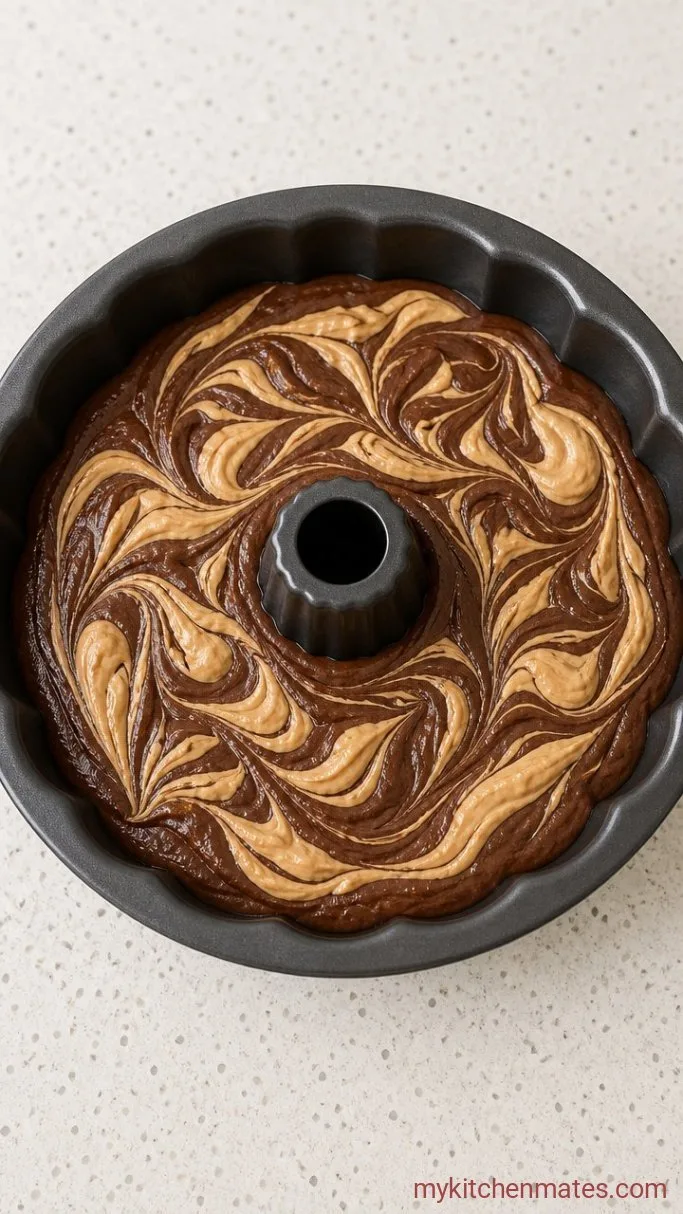 Chocolate Peanut Butter Swirl Bundt Cake Step 3: Fill the Pan and Swirl