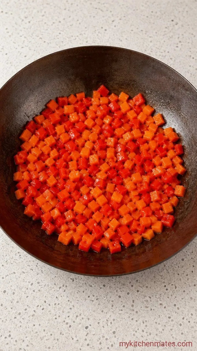 20-Minute Vegan Fried Rice with Crispy Tofu Step 3: Flash-Fry the Carrots and Bell Pepper