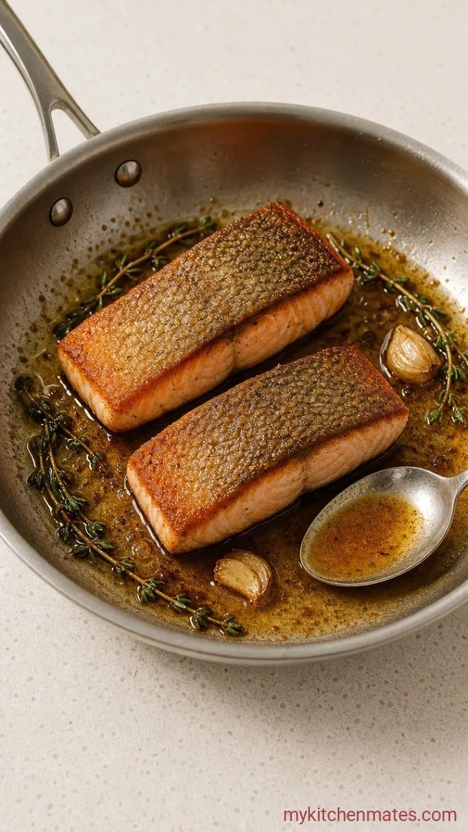 15-Minute Crispy Pan Fried Salmon Step 3: Flip and Baste with Butter