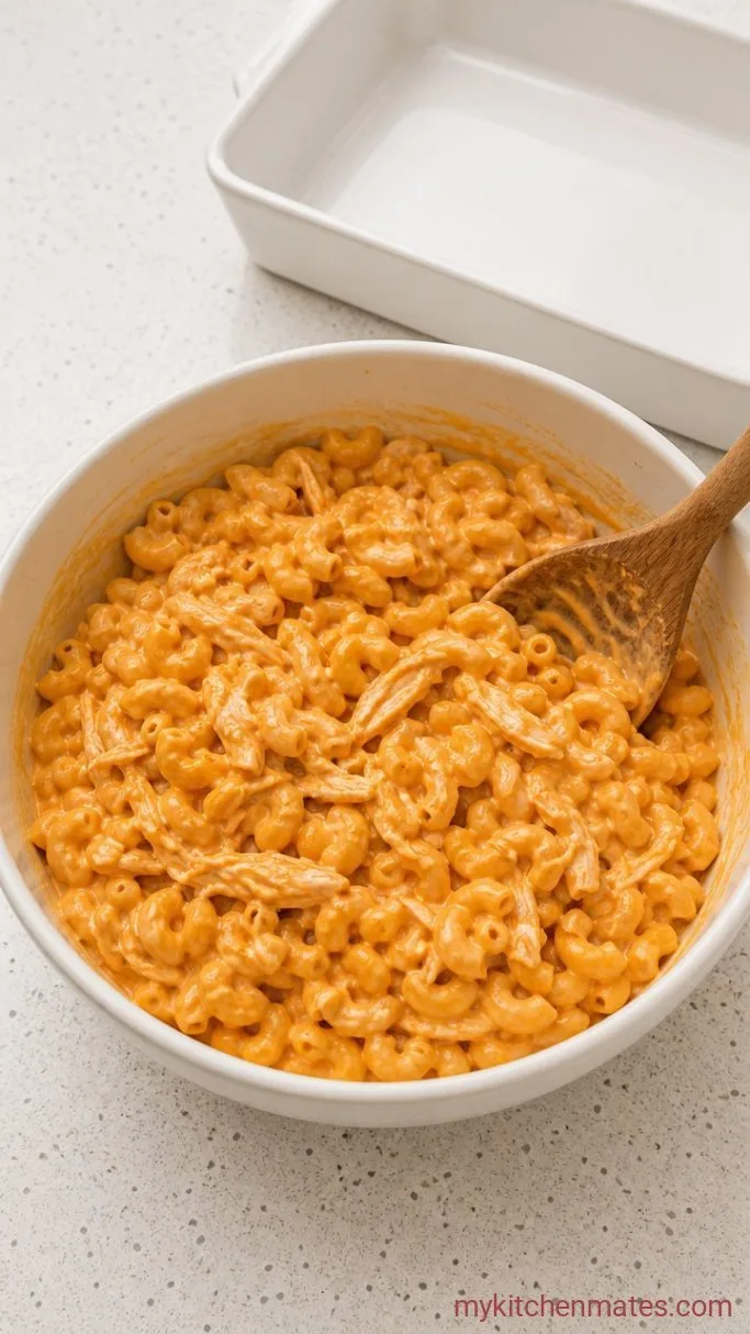 30-Minute Buffalo Chicken Mac and Cheese Step 3: Fold in Chicken and Pasta