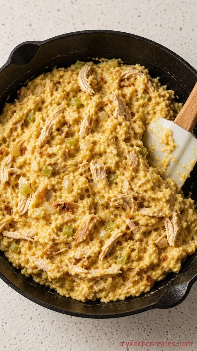 Quick Rotisserie Chicken and Cornbread Dressing Casserole Step 3: Fold in the Chicken and Vegetables