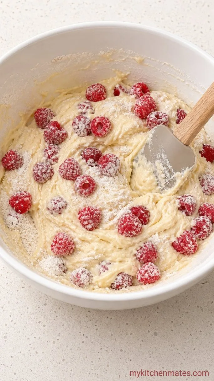 Raspberry Coconut Cake Step 3: Fold in the Dry Ingredients and Raspberries
