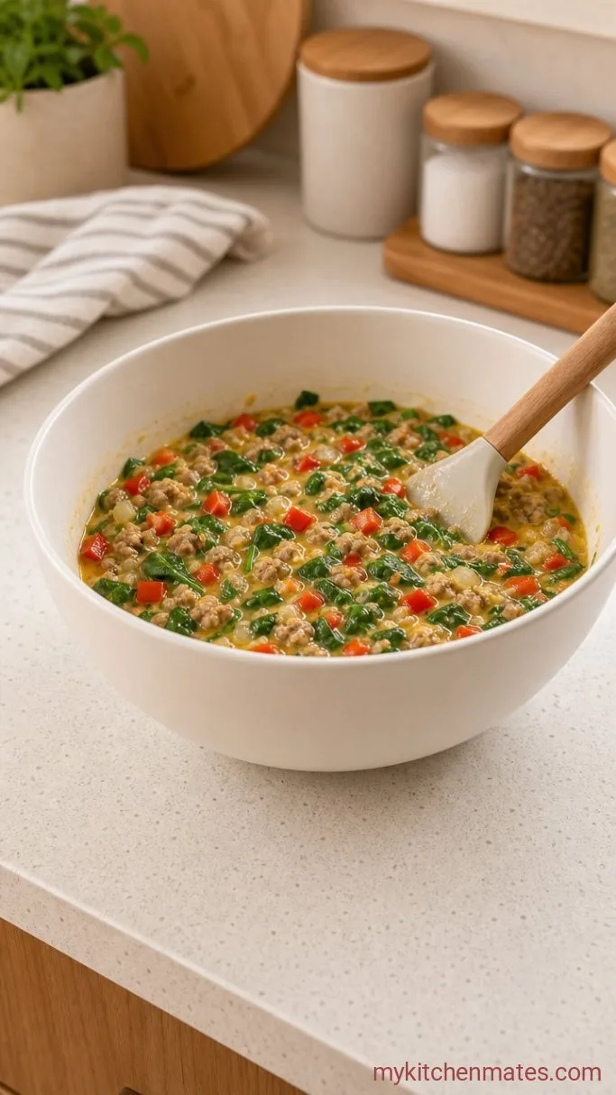 Fluffy High-Protein Cottage Cheese Breakfast Casserole Step 3: Fold in the Vegetables and Meat