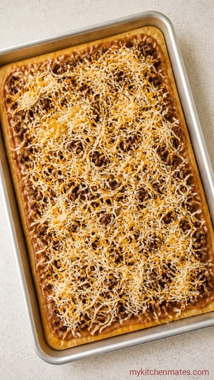 Crispy Sheet Pan Taco Pizza (Ready in 30 Minutes) Step 3: Layer the Beans, Meat, and Cheese