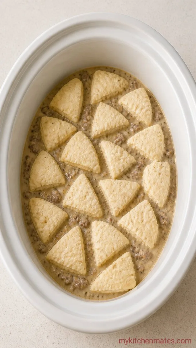 Crockpot Biscuits and Gravy (Easy Slow Cooker Breakfast) Step 3: Layer the Biscuits