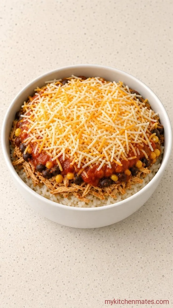 30-Minute Chicken Enchilada Bowl Step 3: Layer the Bowls