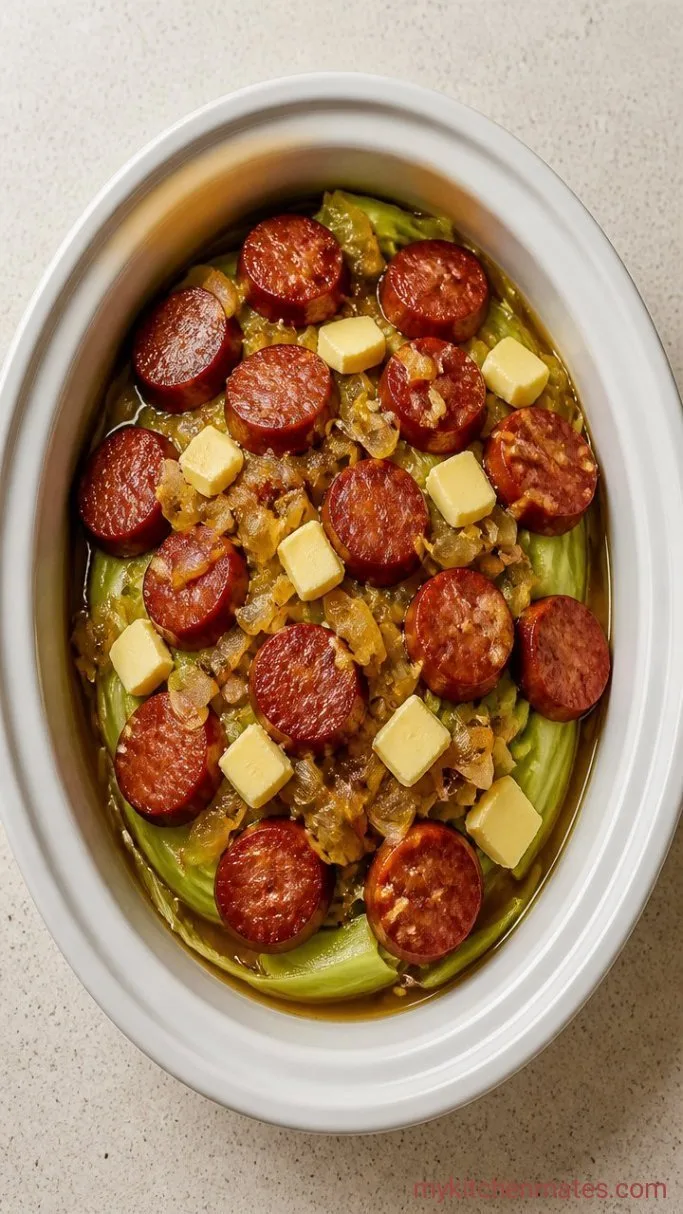 Smoky, Tender Crockpot Cabbage and Sausage Step 3: Layer the Cabbage and Sausage
