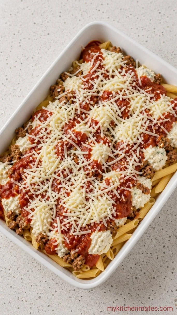 No-Boil Gluten Free Baked Ziti Step 3: Layer the Casserole