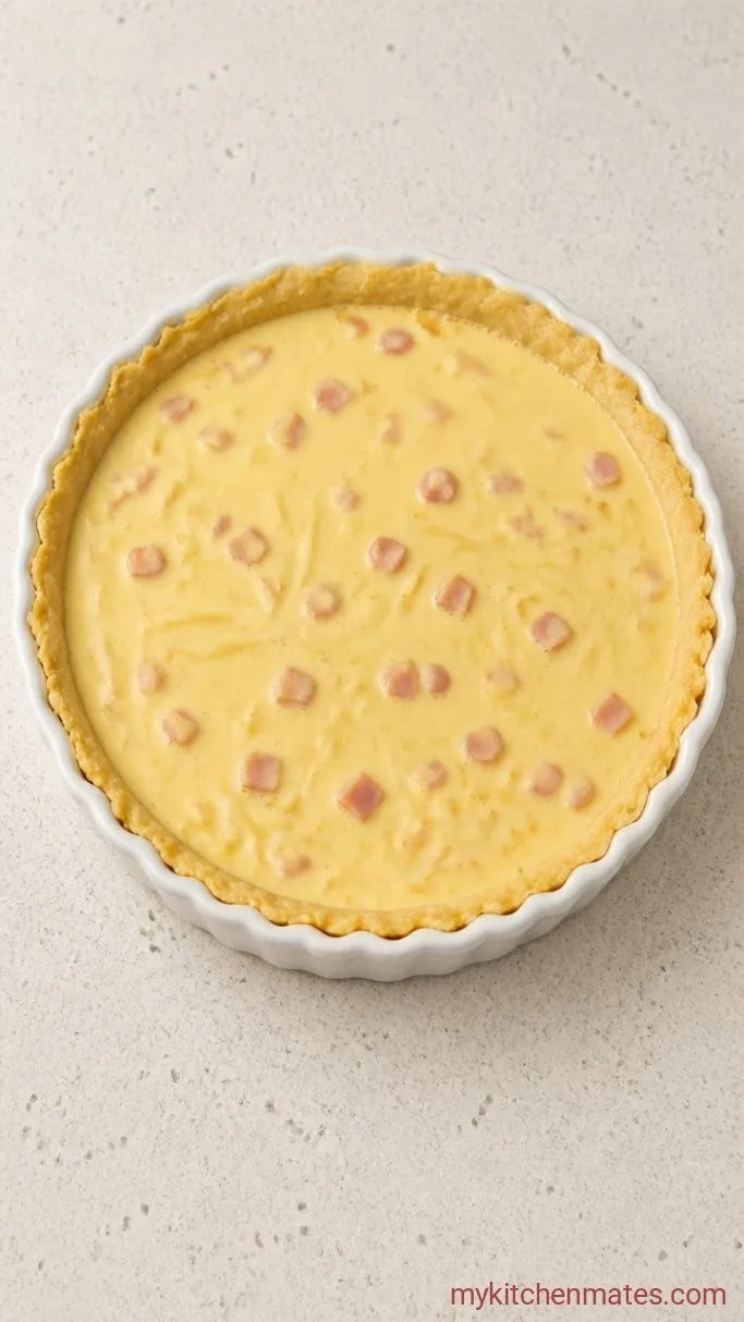 Easy Ham and Swiss Quiche with a Buttery Crust Step 3: Layer the Filling