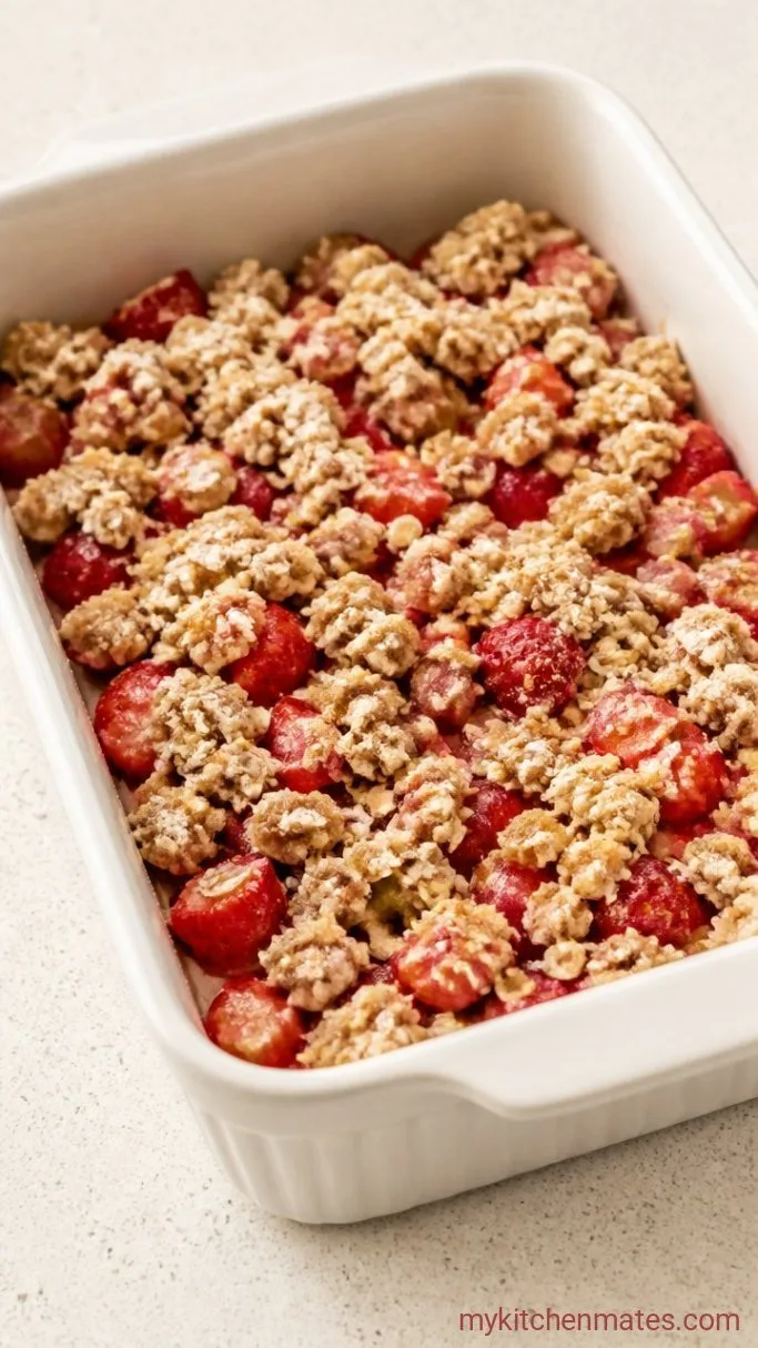 Strawberry Rhubarb Crisp with a Buttery Oat Topping Step 3: Layer the Fruit and Crumble