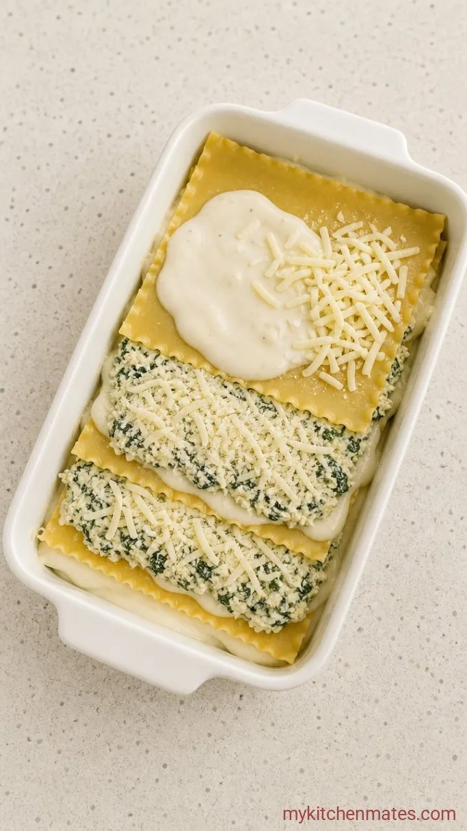 Creamy White Sauce Lasagna with Spinach and Ricotta Step 3: Layer the Lasagna
