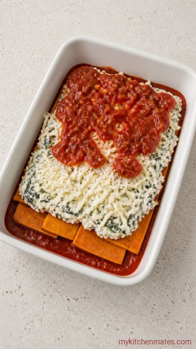 No-Noodle Sweet Potato Lasagna with Ricotta and Spinach Step 3: Layer the Lasagna
