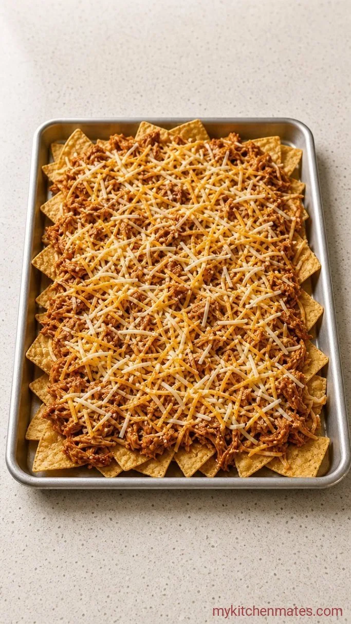Crockpot Chicken Nachos (Salsa Chicken, Melty Cheese) Step 3: Layer the Nachos for a Crispy Base