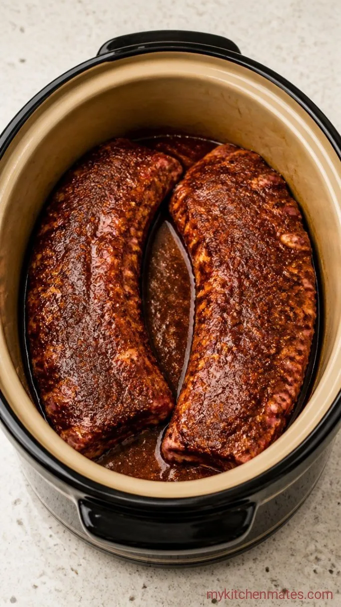 Fall-Off-The-Bone BBQ Ribs in the Crockpot Step 3: Layer the Ribs and Slow Cook