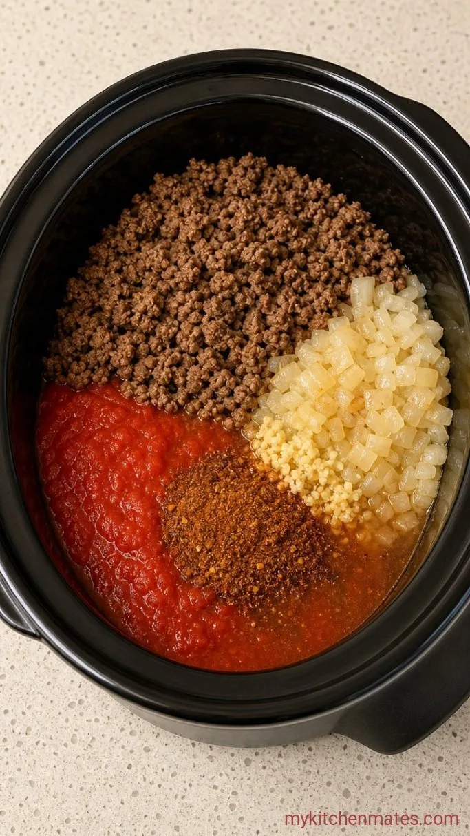 Easy Crockpot Taco Meat Step 3: Load the Crockpot