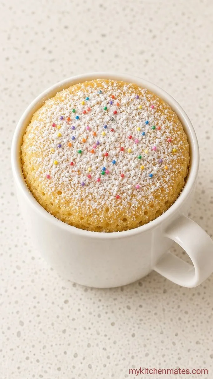 Fluffy Vanilla Mug Cake Step 3: Microwave and Dust with Sugar