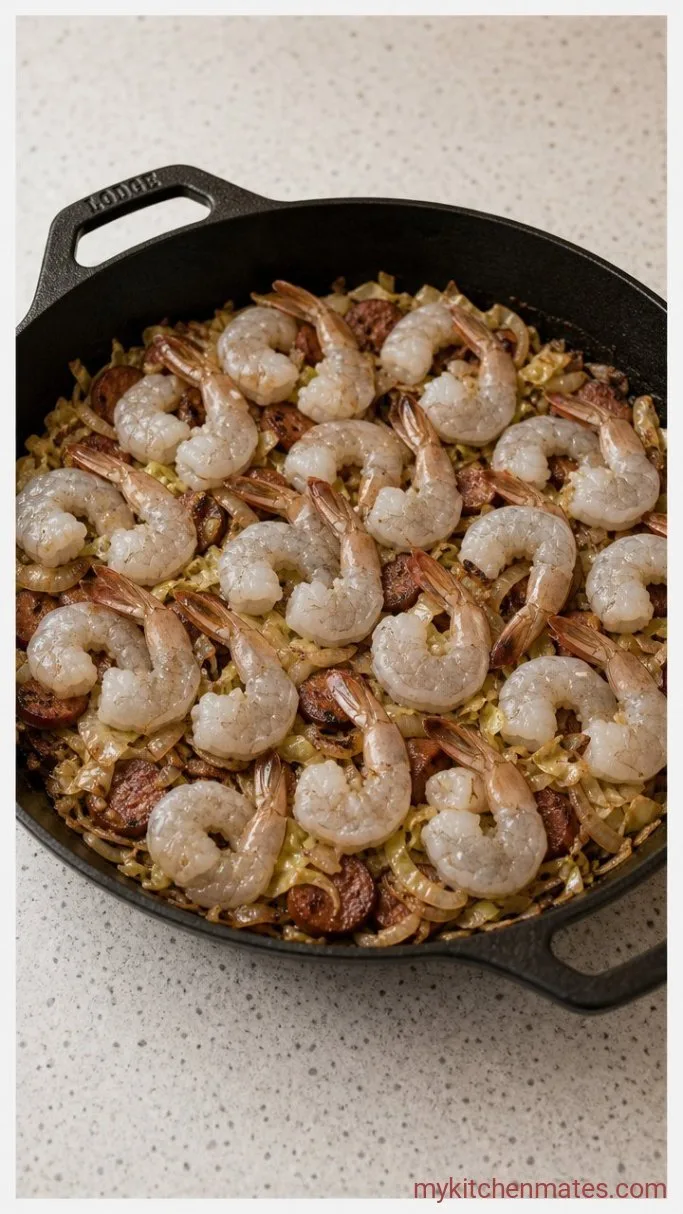 30-Minute One-Pan Cabbage, Shrimp, and Sausage Step 3: Nestle the Shrimp