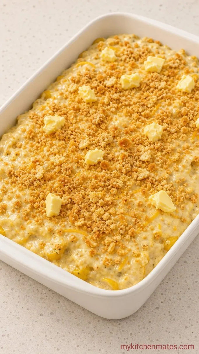 Old-Fashioned Cheesy Yellow Squash Casserole Step 3: Pack the Casserole and Add the Cracker Topping
