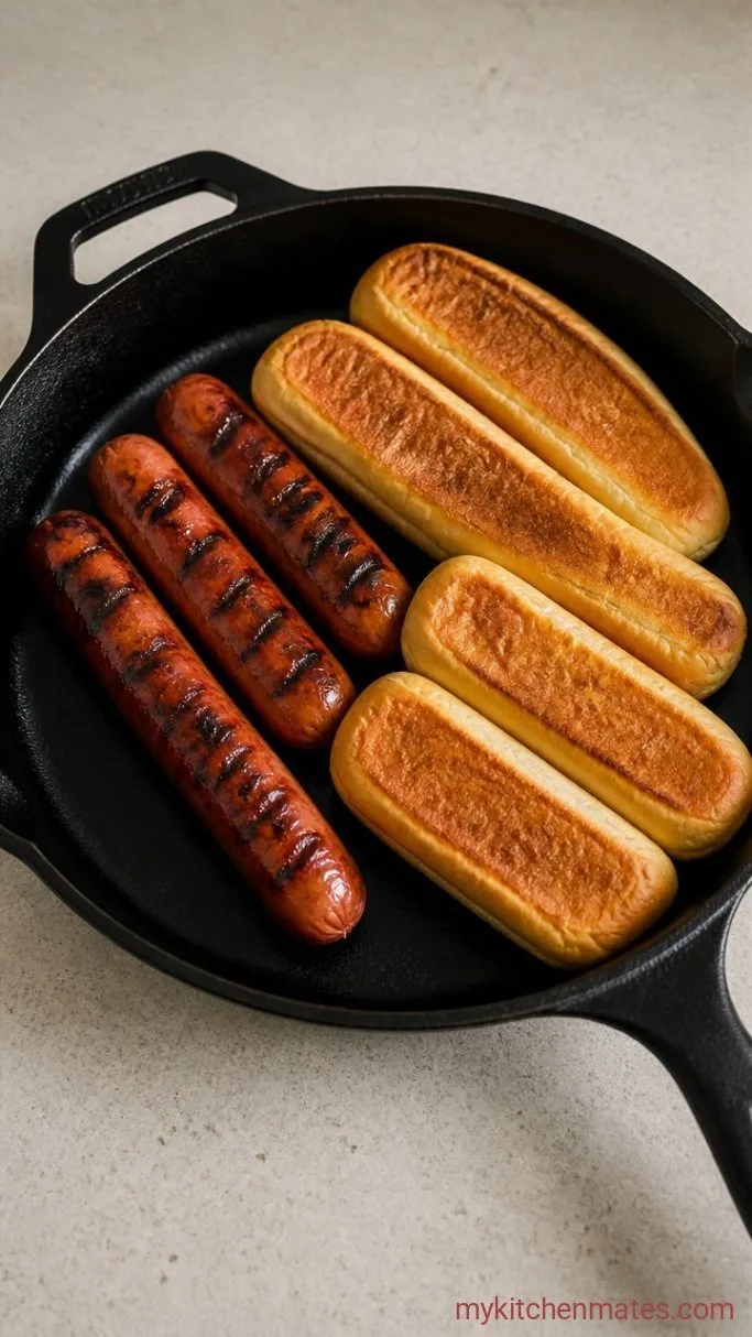 Weeknight Chili Cheese Dogs with Quick Homemade Chili Step 3: Pan-Grill the Buns and Dogs
