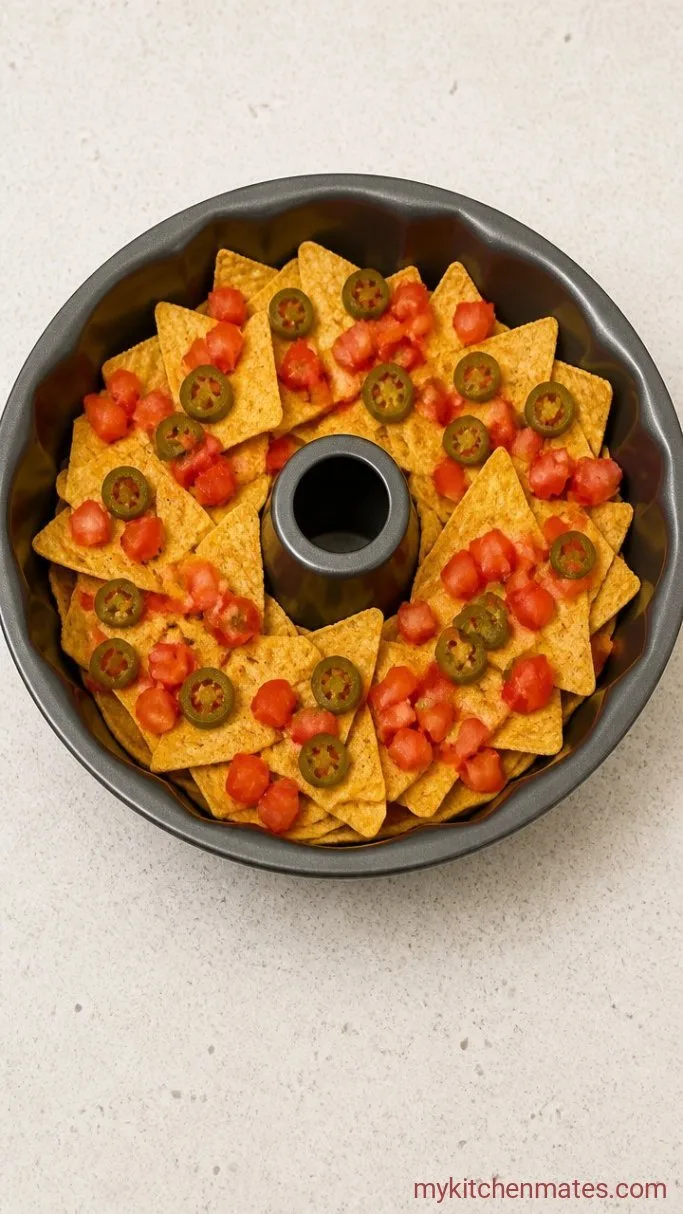 Cheesy Bundt Pan Nachos for Your Next Party Step 3: Pile On the Second Chip Layer and Toppings
