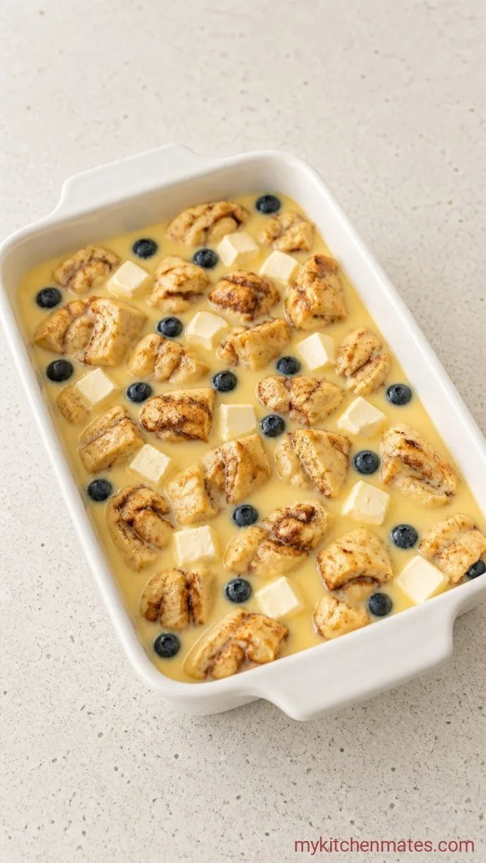 Overnight Blueberry Cinnamon Roll Casserole Step 3: Pour and Chill Overnight