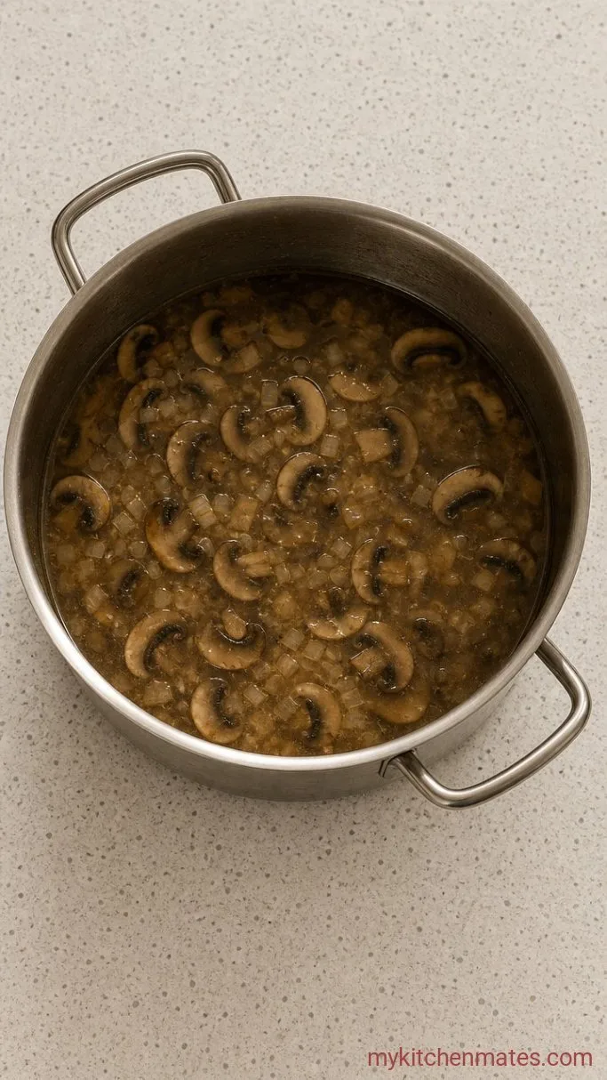 Quick Gluten Free Cream of Mushroom Soup Step 3: Pour in the Broth and Simmer