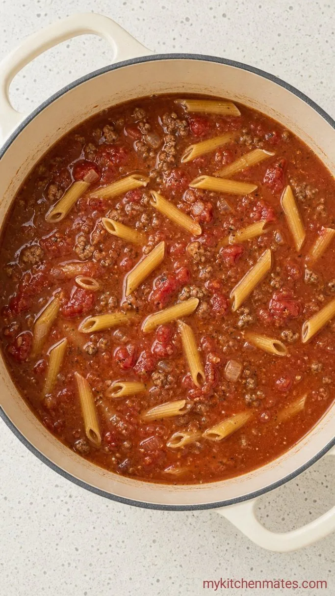 Step 3: Pour in the Liquids and Pasta
