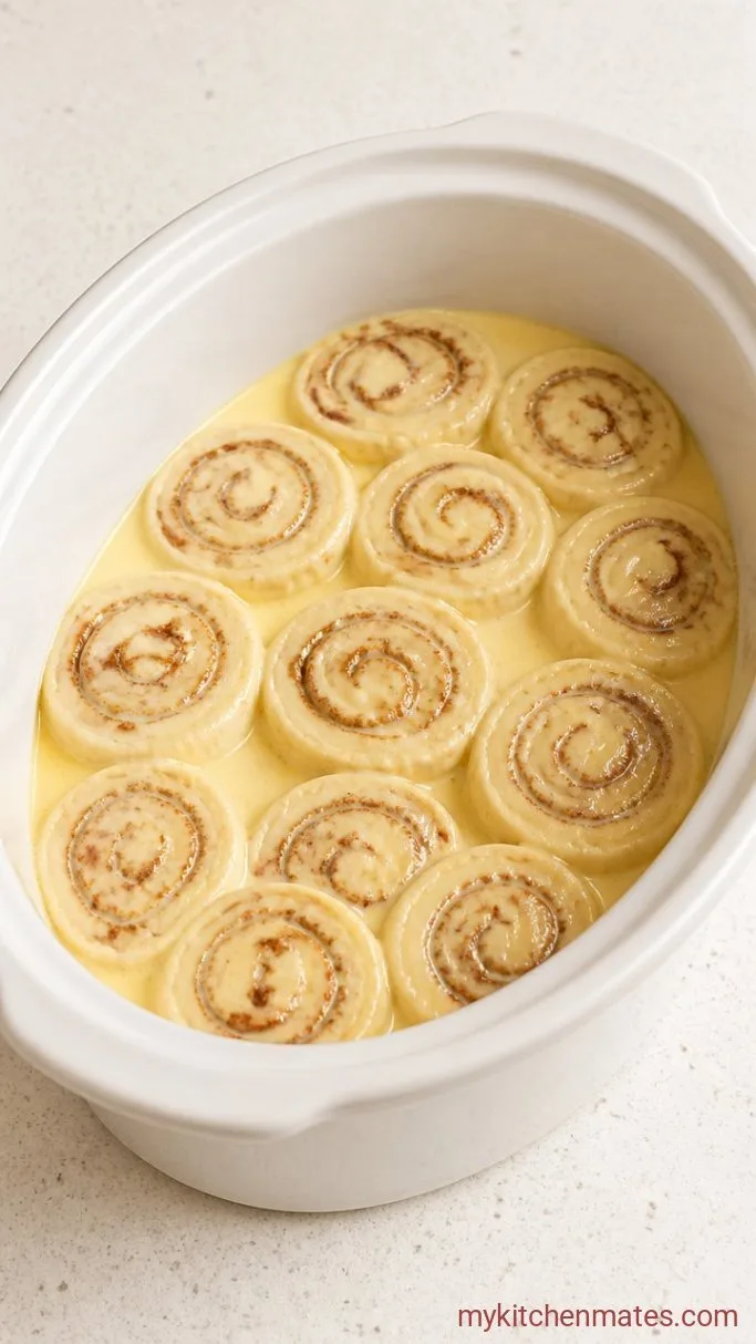 Overnight Crockpot Cinnamon Roll Casserole Step 3: Pour the Custard Over the Rolls