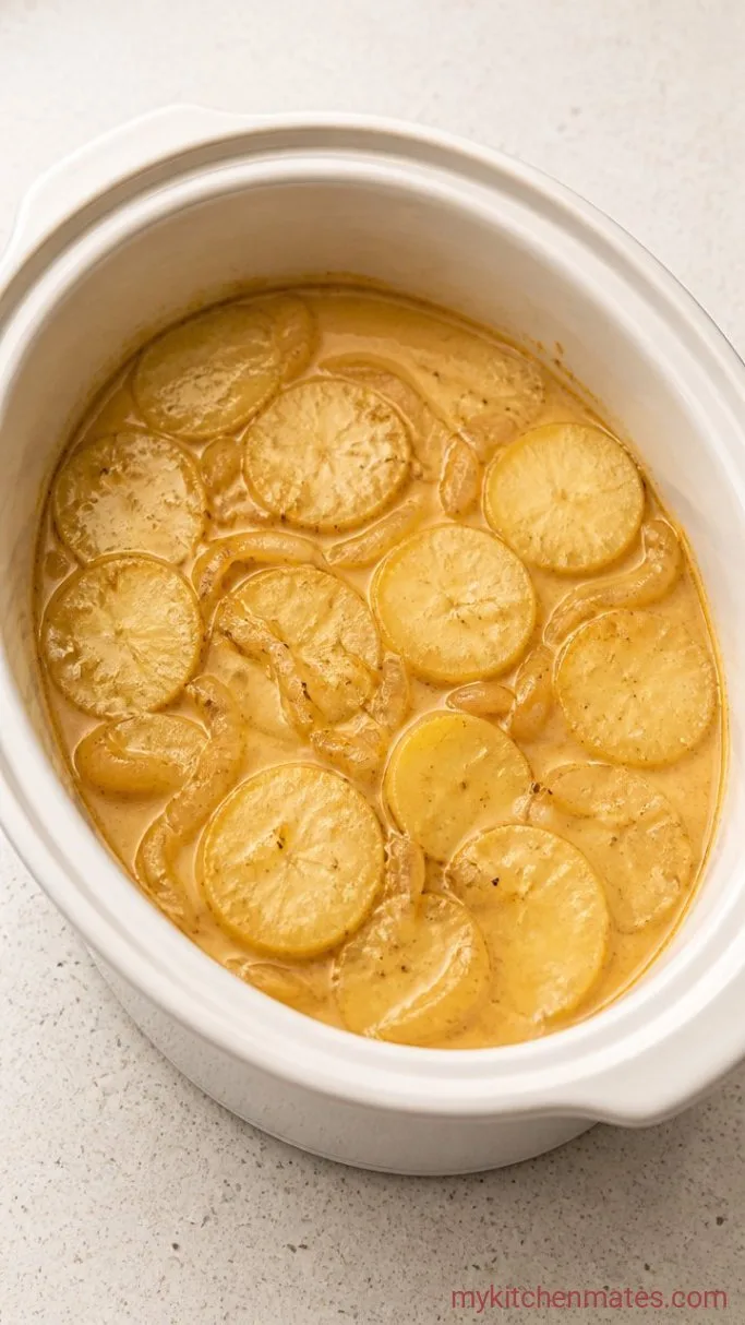 Hands-Off Crockpot Scalloped Potatoes Step 3: Pour the Sauce and Cook
