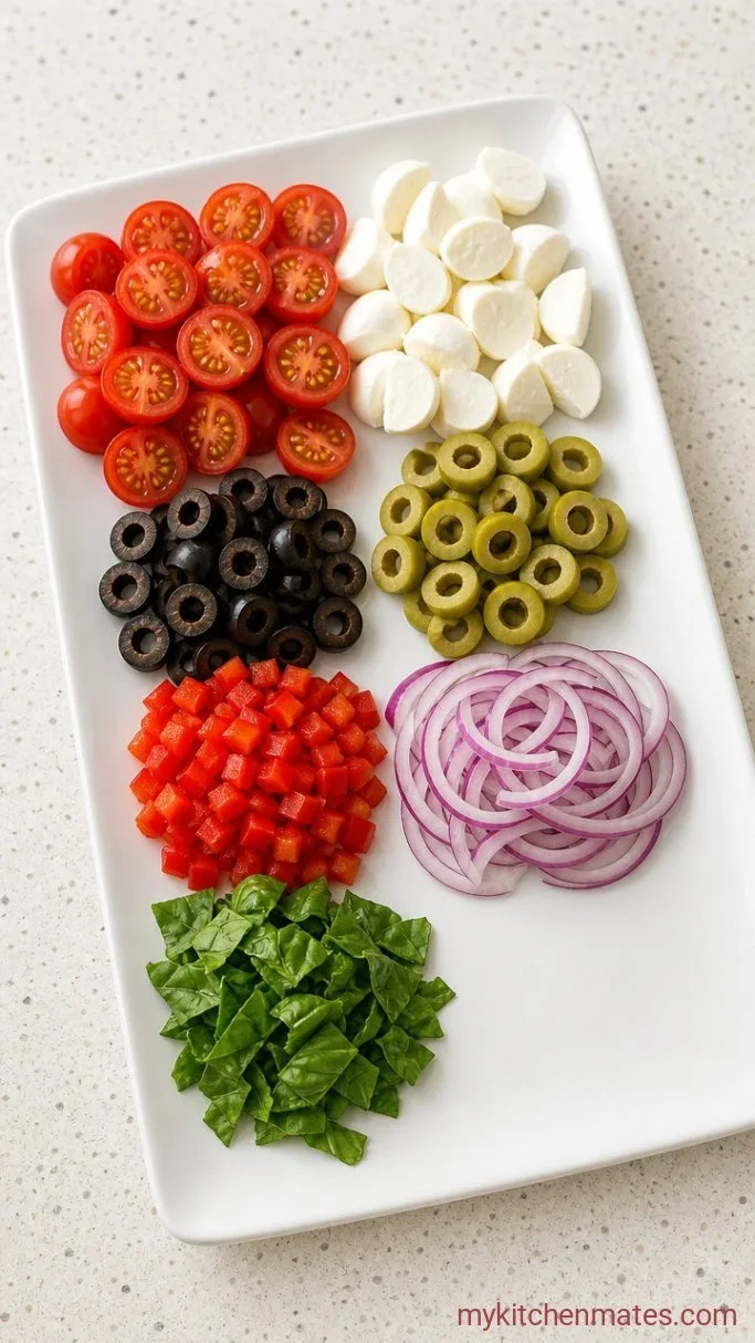 Italian Cold Pasta Salad with Zesty Homemade Dressing Step 3: Prep the Mix-Ins