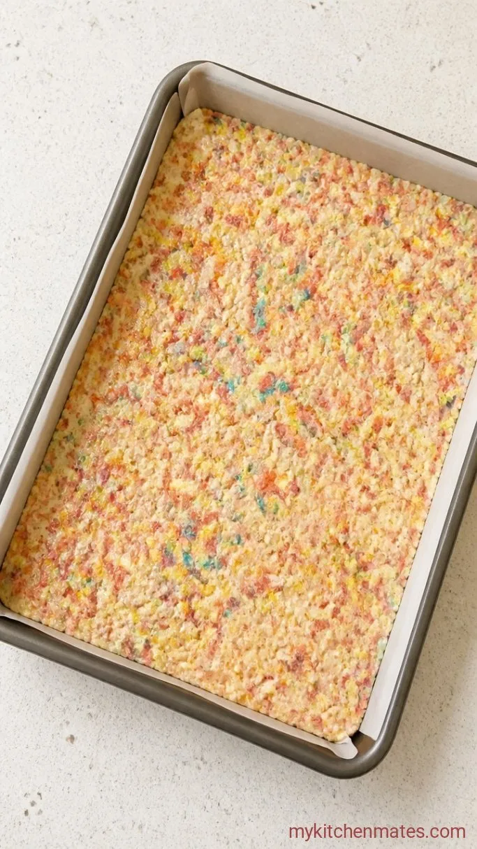 10-Minute Fruity Pebbles Rice Krispie Treats Step 3: Press into the Pan