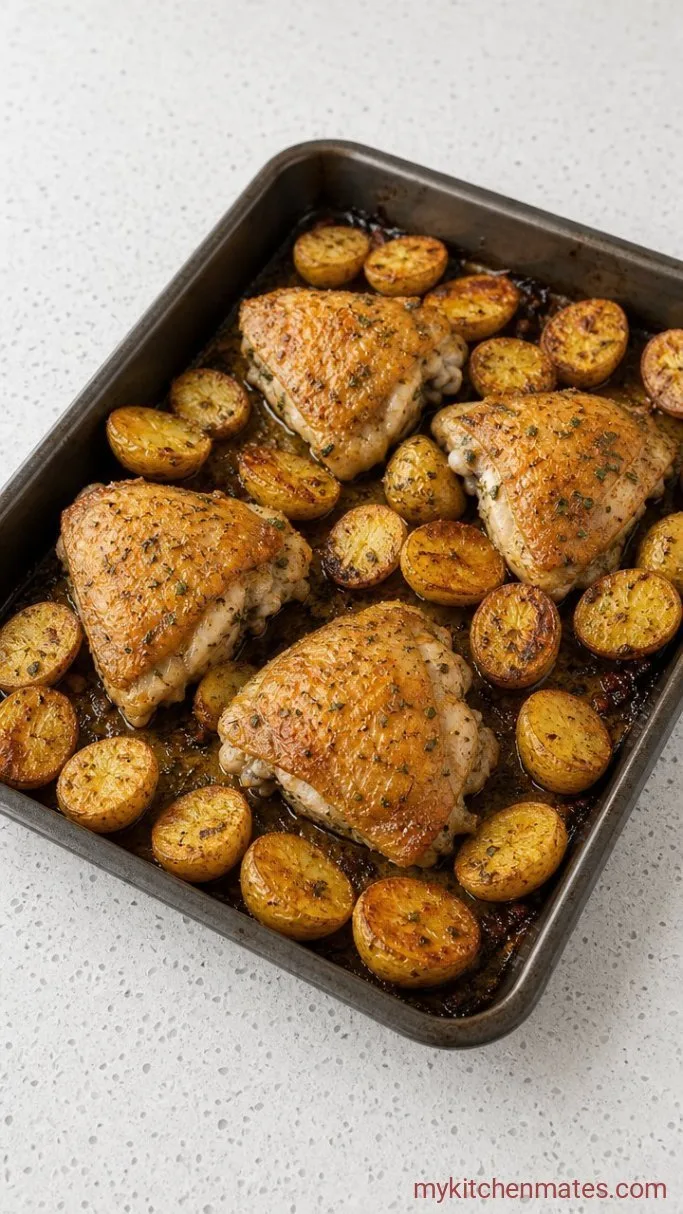 Crispy One-Pan Chicken Thighs and Potatoes Step 3: Roast the Chicken and Potatoes