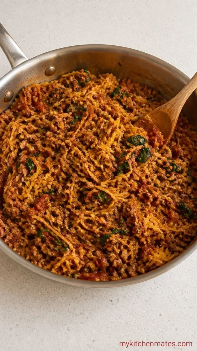 Cheesy Sausage and Spinach Stuffed Spaghetti Squash Step 3: Scrape and Mix the Squash Strands