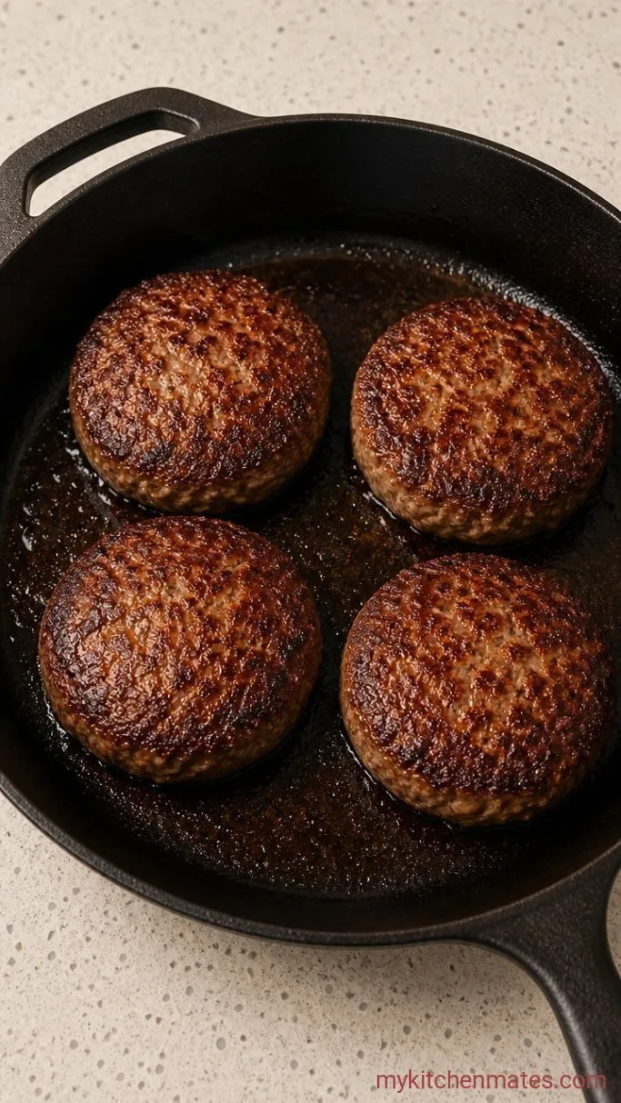 Juicy Lucy Burger with a Molten Cheese Center Step 3: Sear the Stuffed Burgers