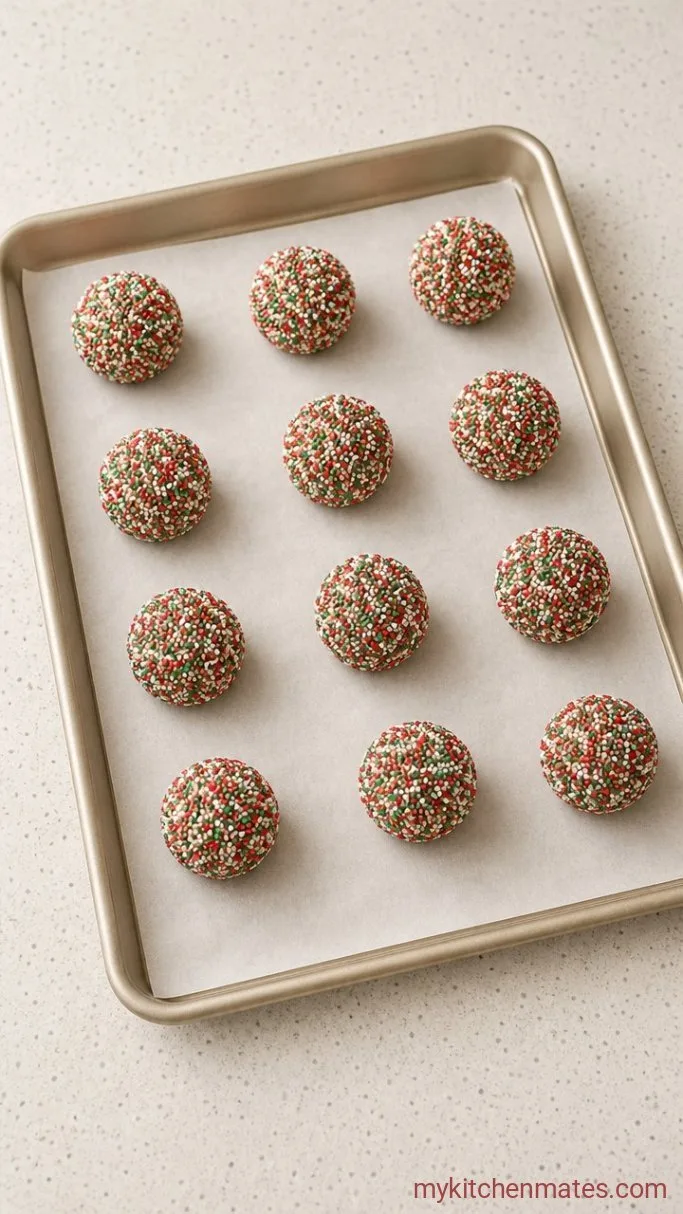 Quick No-Chill Christmas Sprinkle Cookies Step 3: Shape and Coat with Sprinkles