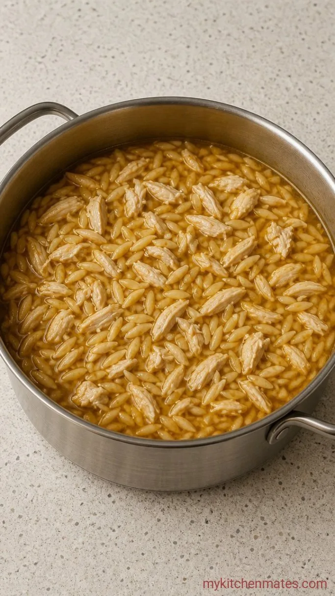 One-Pot Lemon Chicken Orzo Soup Step 3: Shred and Simmer the Orzo