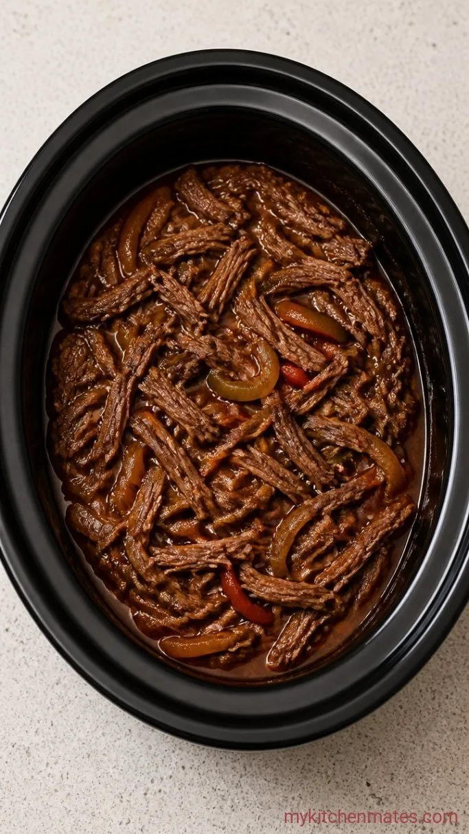 Crockpot Philly Cheesesteak with Melty Provolone & Peppers Step 3: Shred the Tender Beef