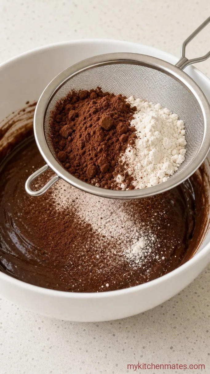 One-Bowl Fudgy Chocolate Brownie Cake Step 3: Sift the Cocoa and Flour Into the Batter