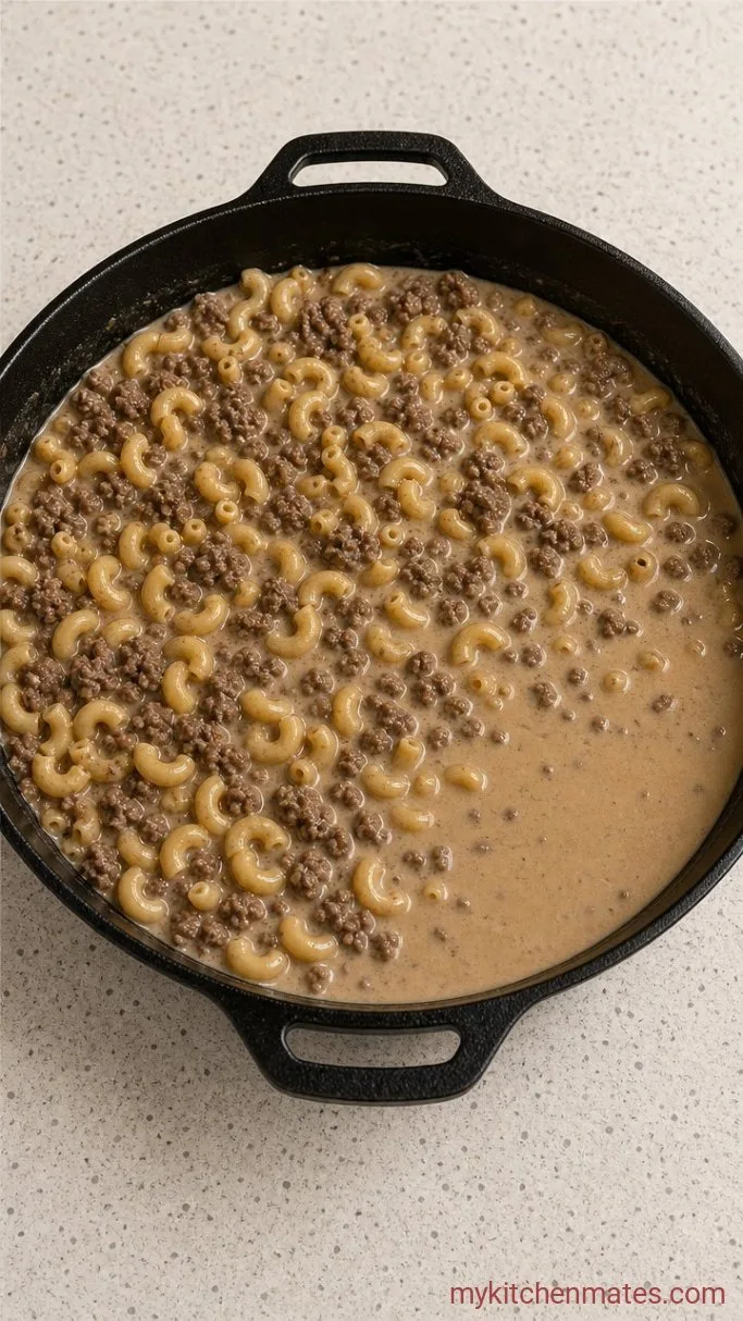 One-Pot Beef Mac and Cheese Step 3: Simmer in Broth