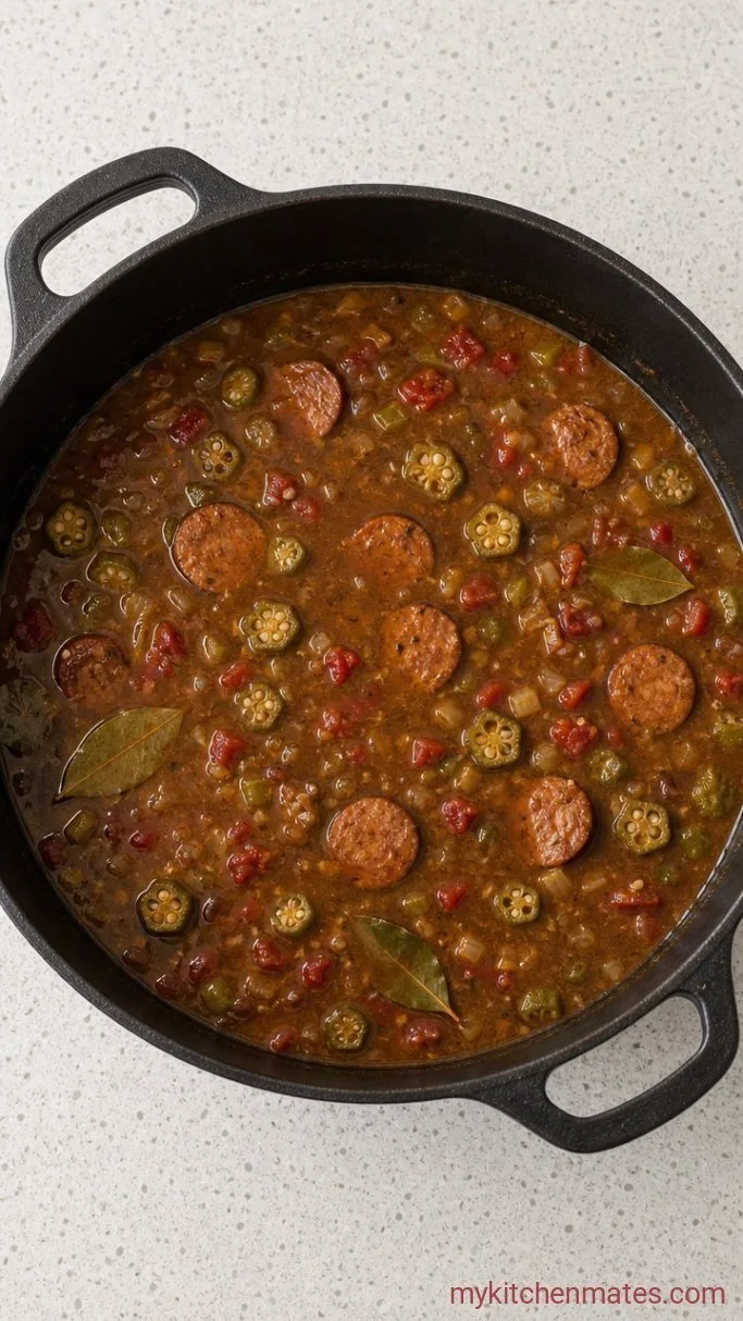 Shrimp and Sausage Gumbo with a Dark Roux Step 3: Simmer the Broth