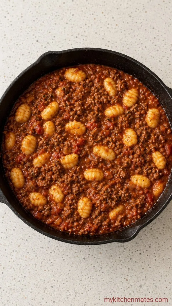 One-Pan Ground Beef Gnocchi Step 3: Simmer the Gnocchi