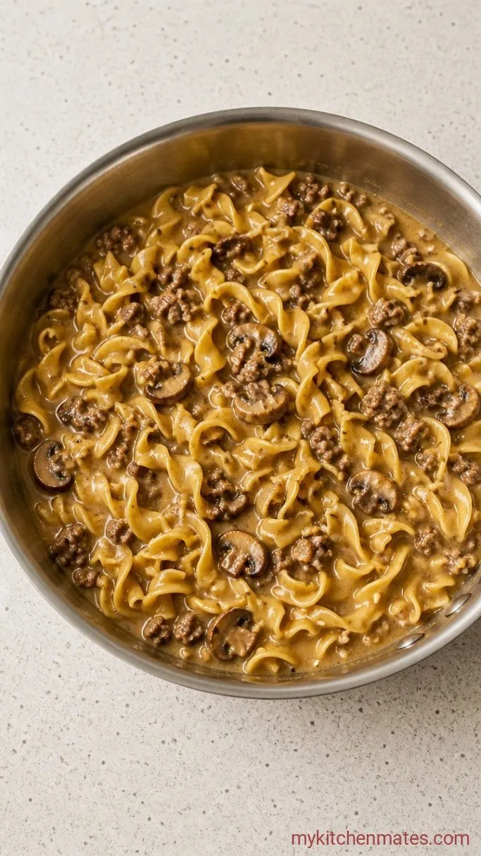 Creamy One-Pan Ground Beef Stroganoff Step 3: Simmer the Noodles in the Sauce