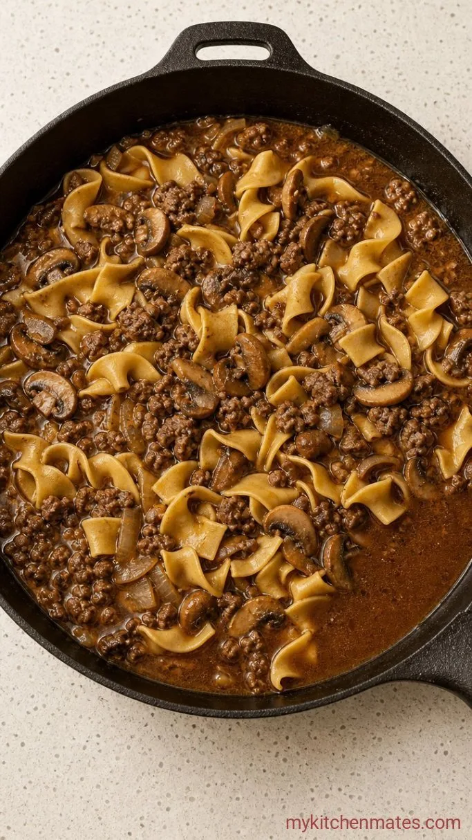Creamy One-Pot Ground Beef and Noodles Step 3: Simmer the Noodles