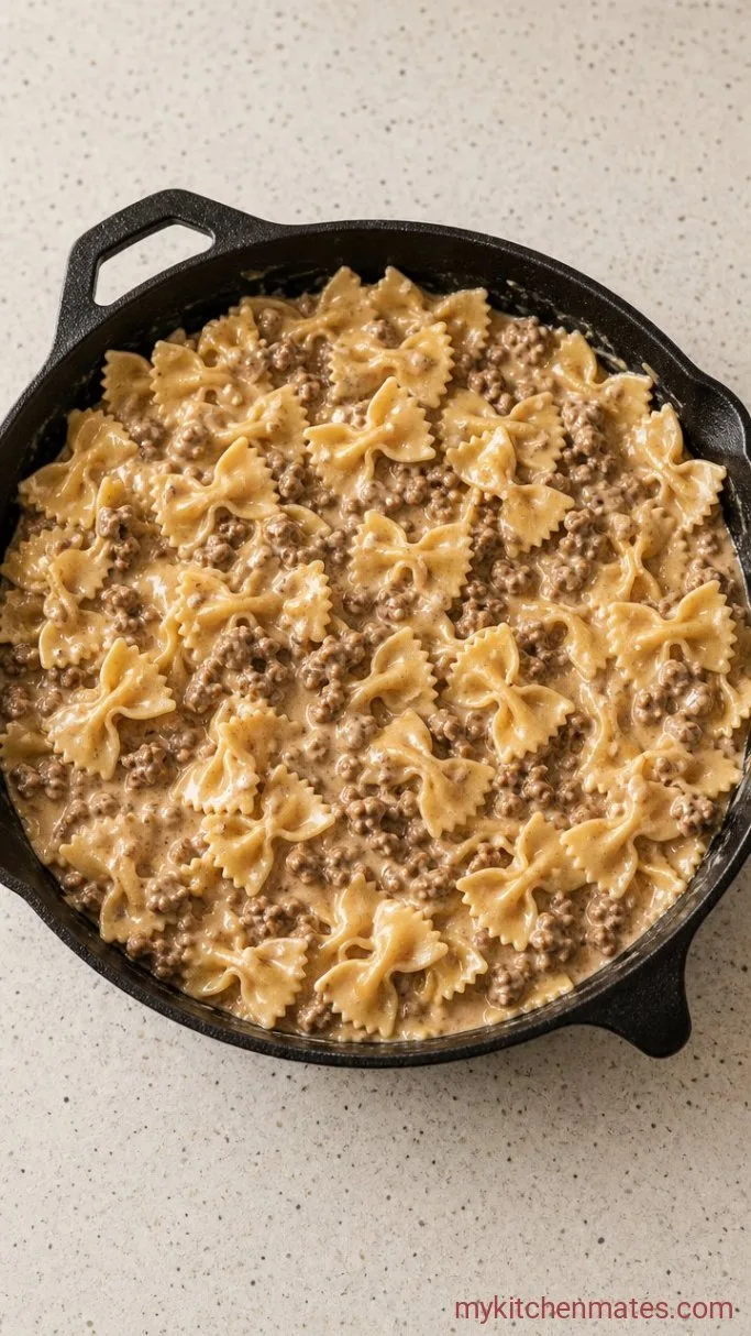 30-Minute Creamy Parmesan Garlic Beef Bowtie Pasta Step 3: Simmer the Pasta