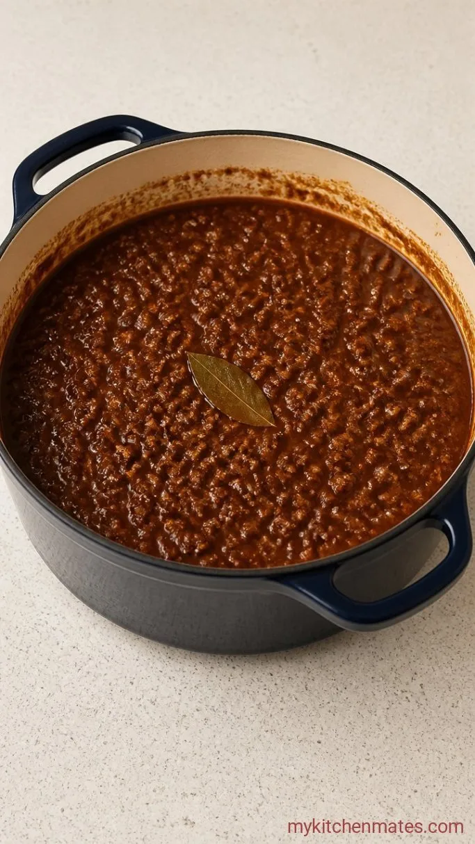 Cincinnati Chili Recipe: Spiced Meat Sauce Over Spaghetti Step 3: Simmer Until Thick
