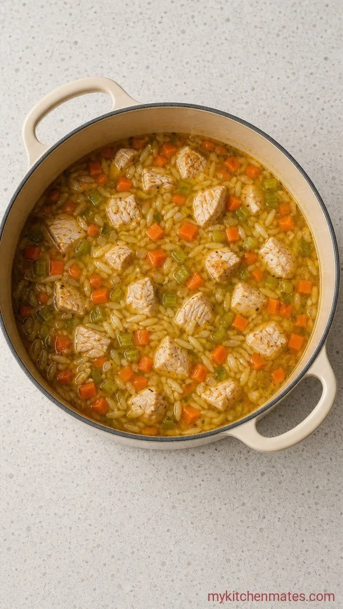 Step 3: Simmer with Broth and Orzo